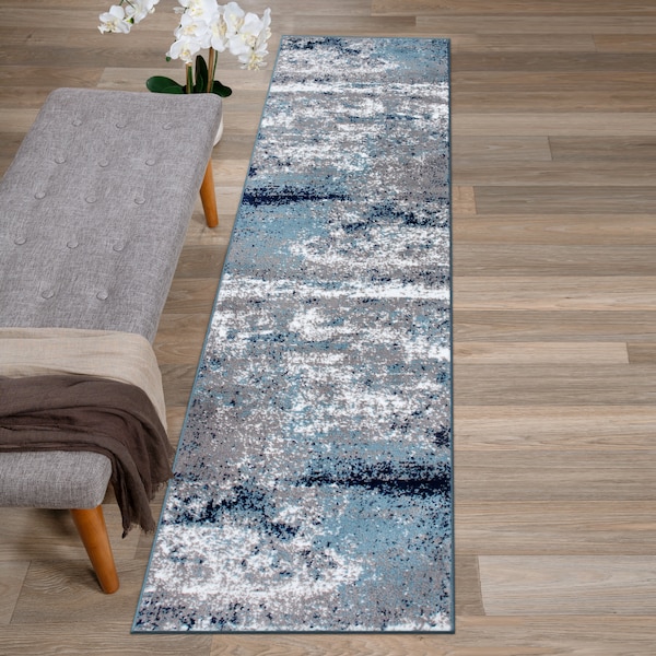 World Rug Gallery Distressed Abstract Watercolor Runner Rug 2' x 7' Blue 928BLUE2X7 - main